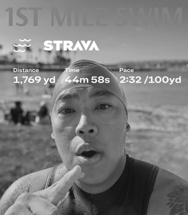 Josh after his first mile open-water swim, Strava stats: 1,769 yards in 44 minutes 58 seconds